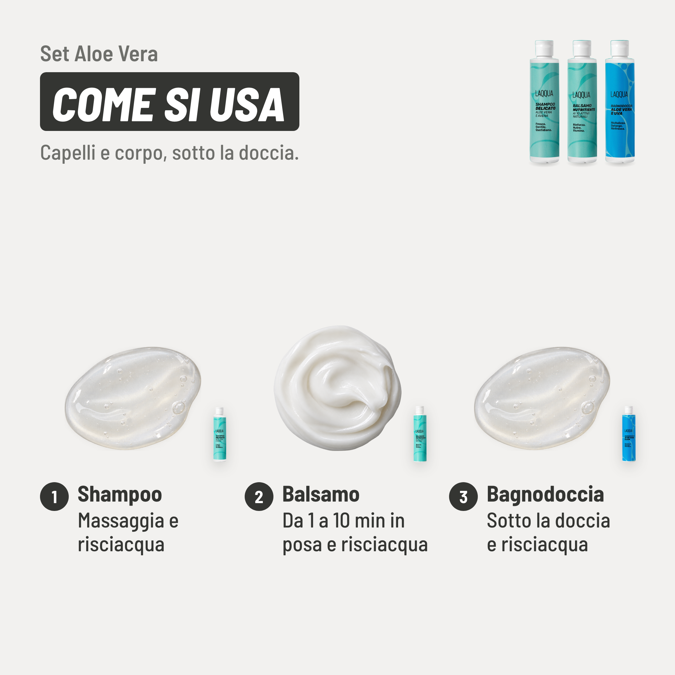 Set Aloe Vera, come si usa. 1. Shampoo: massaggia e risciacqua. 2. Balsamo: da 1 a 10 min in posa e risciacqua. 3. Bagnodoccia: sotto la doccia e risciacqua. Capelli e corpo, sotto la doccia.