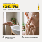 Crema contorno occhi, come si usa. 1. Una punta di crema sul polpastrello. 2. Picchietta finché si assorbe. Mattina e sera, prima della crema..