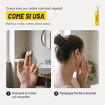 Crema viso con cellule staminali vegetali, come si usa. 1. Una noce di crema sul viso pulito. 2. Massaggia finché si assorbe. Mattina e sera, come ultimo passo..