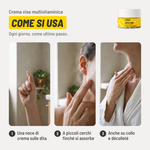Crema viso multivitaminica, come si usa. 1. Una noce di crema sulle dita. 2. A piccoli cerchi finché si assorbe. 3. Anche su collo e décolleté. Ogni giorno, come ultimo passo..