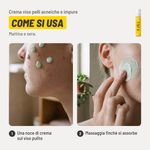 Crema viso pelli acneiche e impure, come si usa. 1. Una noce di crema sul viso pulito. 2. Massaggia finché si assorbe. Mattina e sera..