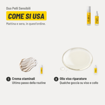 Duo Pelli Sensibili, come si usa. 1. Crema staminali: ultimo passo della routine. 2. Olio viso riparatore: qualche goccia su viso e collo. Mattina e sera, in quest'ordine.