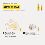 Duo Skincare Must Have, come si usa. 1. Acqua micellare: su un dischetto senza risciacquare. 2. Crema staminali: ultimo passo della routine. Mattina e sera: prima pulisci, poi idrata.