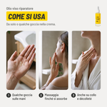 Olio viso riparatore, come si usa. 1. Qualche goccia sulle mani. 2. Massaggia finché si assorbe. 3. Anche su collo e décolleté. Da solo o qualche goccia nella crema..