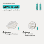 Routine capelli grassi, come si usa. 1. Shampoo: massaggia e risciacqua. 2. Balsamo: da 1 a 10 min in posa e risciacqua. A ogni lavaggio, in quest'ordine.