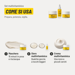 Set multivitaminico, come si usa. 1. Maschera: 15 minuti in posa e risciacqua. 2. Siero multivitaminico: qualche goccia a tocchi leggeri. 3. Crema multivitaminica: una noce a piccoli cerchi. Prepara, potenzia, sigilla.