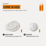 Set Solari, come si usa. 1. Spray solare: prima del sole, poi ogni 2 ore. 2. Doposole: sulla pelle dopo il sole. Proteggi quando esci, ripari quando rientri.