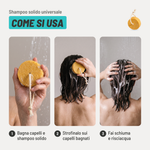Shampoo solido universale, come si usa. 1. Bagna capelli e shampoo solido. 2. Strofinalo sui capelli bagnati. 3. Fai schiuma e risciacqua.