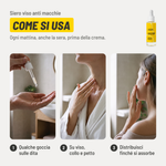 Siero viso anti macchie, come si usa. 1. Qualche goccia sulle dita. 2. Su viso, collo e petto. 3. Distribuisci finché si assorbe. Ogni mattina, anche la sera, prima della crema..