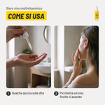 Siero viso multivitaminico, come si usa. 1. Qualche goccia sulle dita. 2. Picchietta sul viso finché si assorbe.
