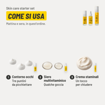 Skin care starter set, come si usa. 1. Contorno occhi: tre puntini da picchiettare. 2. Siero multivitaminico: qualche goccia. 3. Crema staminali: un tocco per chiudere. Mattina e sera, in quest'ordine.