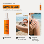 Spray solare SPF 50+, come si usa. 1. Agita bene. 2. Abbondante prima del sole. 3. Riapplica ogni 2 ore e dopo il bagno. Prima del sole, evita le ore più calde..