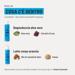Body set, cosa c'è dentro. 2 prodotti. Bagnodoccia aloe vera: aloe vera e estratto di uva. Latte corpo arancia: olio di mandorle dolci e avena. Ogni prodotto ha la sua scheda completa più giù, in «Cosa c'è nel set».