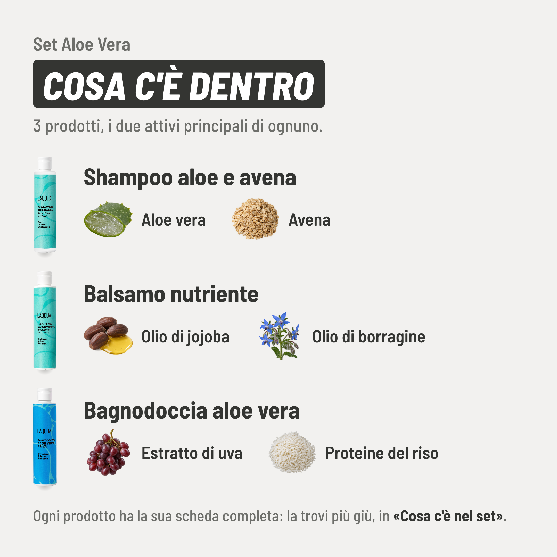 Set Aloe Vera, cosa c'è dentro. 3 prodotti. Shampoo aloe e avena: aloe vera e avena. Balsamo nutriente: olio di jojoba e olio di borragine. Bagnodoccia aloe vera: estratto di uva e proteine del riso. Ogni prodotto ha la sua scheda completa più giù, in «Cosa c'è nel set».