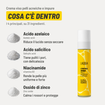 Crema viso pelli acneiche e impure, cosa c'è dentro. I 4 principali, su 31 ingredienti. Acido azelaico (Azelaic acid): riduce il lucido senza seccare. Acido salicilico (Salicylic acid): tiene puliti i pori, con delicatezza. Niacinamide: rende la pelle più uniforme e forte. Ossido di zinco (Zinc oxide): calma i rossori e protegge.