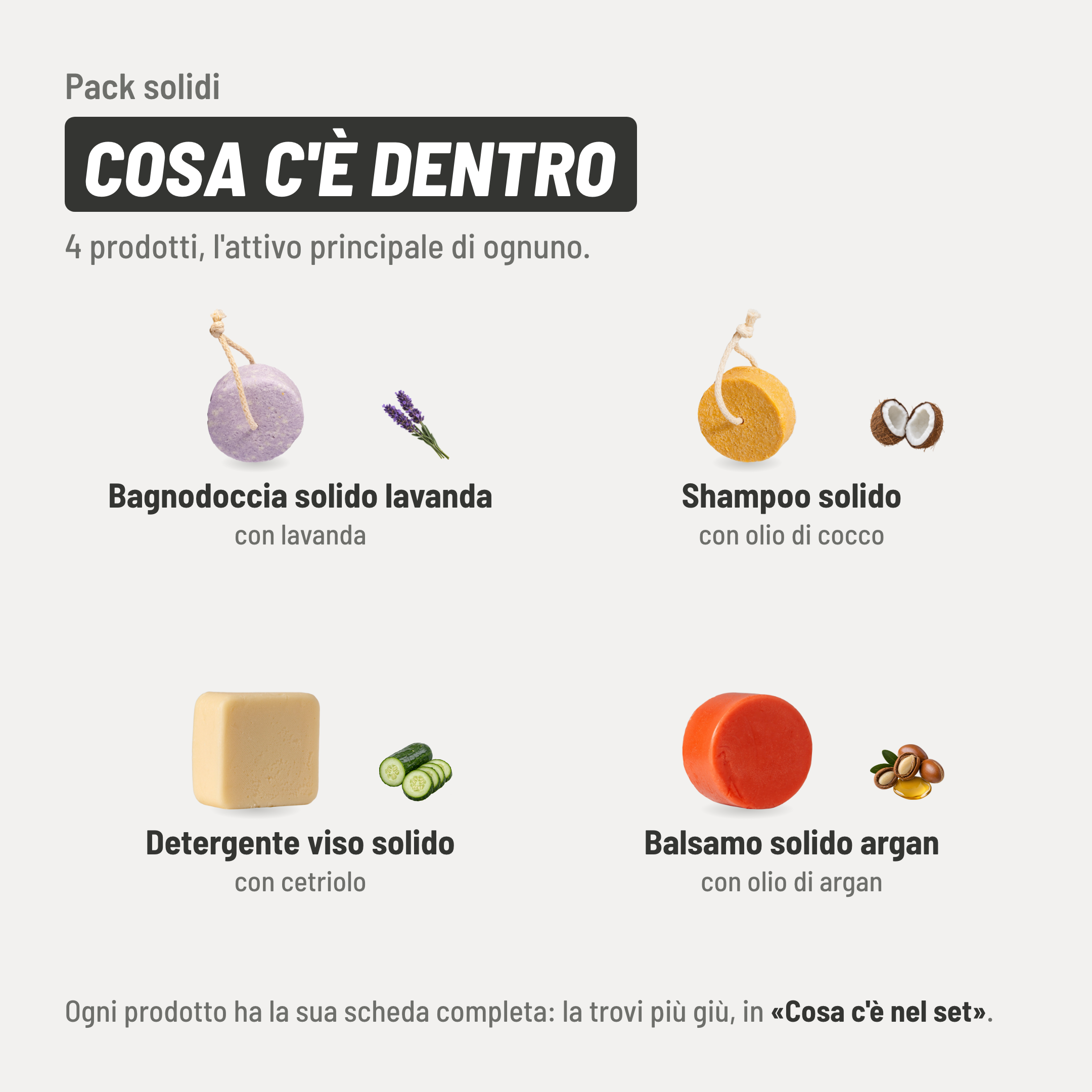 Pack solidi, cosa c'è dentro. 4 prodotti. Bagnodoccia solido lavanda: lavanda. Shampoo solido: olio di cocco. Detergente viso solido: cetriolo. Balsamo solido argan: olio di argan. Ogni prodotto ha la sua scheda completa più giù, in «Cosa c'è nel set».