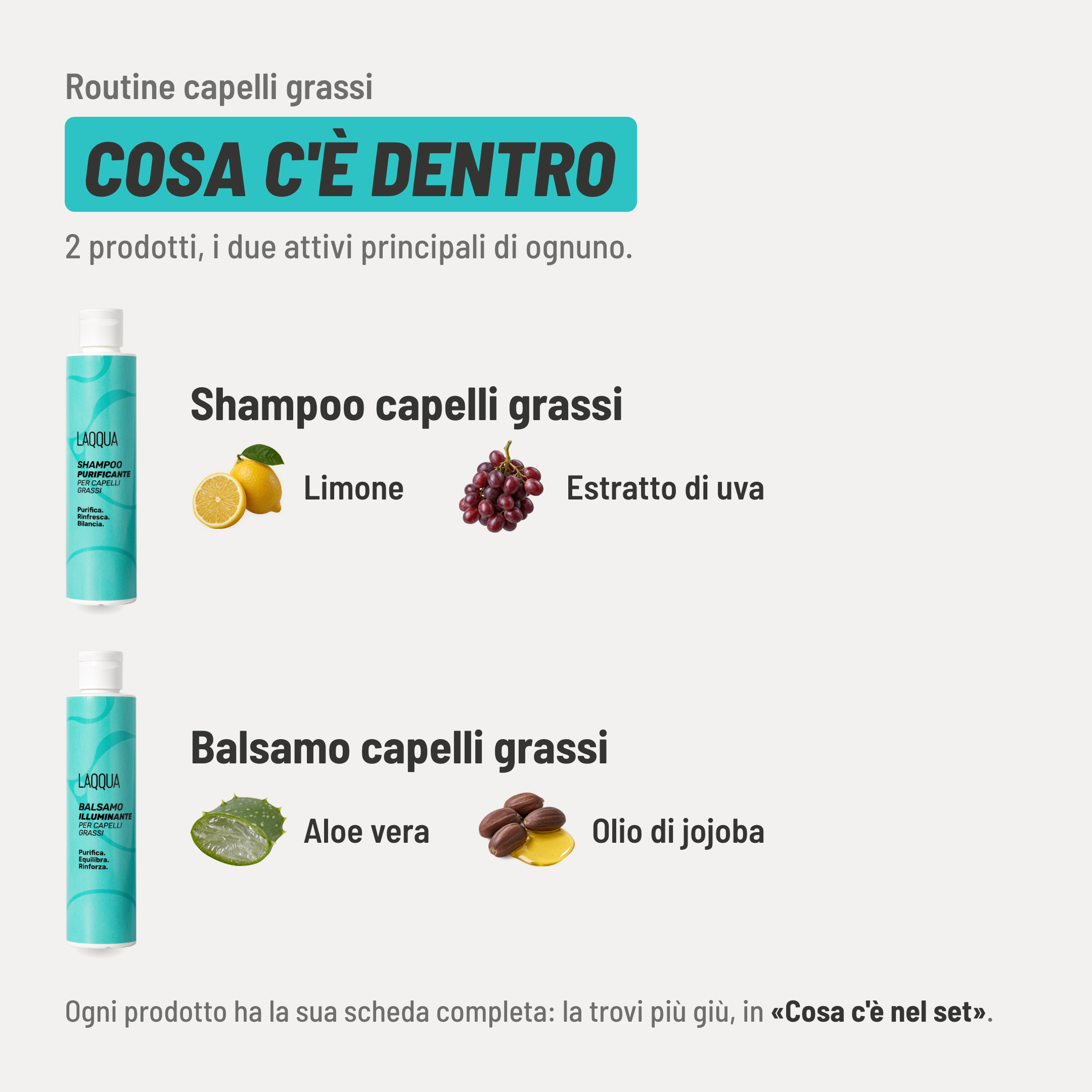 Routine capelli grassi, cosa c'è dentro. 2 prodotti. Shampoo capelli grassi: limone e estratto di uva. Balsamo capelli grassi: aloe vera e olio di jojoba. Ogni prodotto ha la sua scheda completa più giù, in «Cosa c'è nel set».