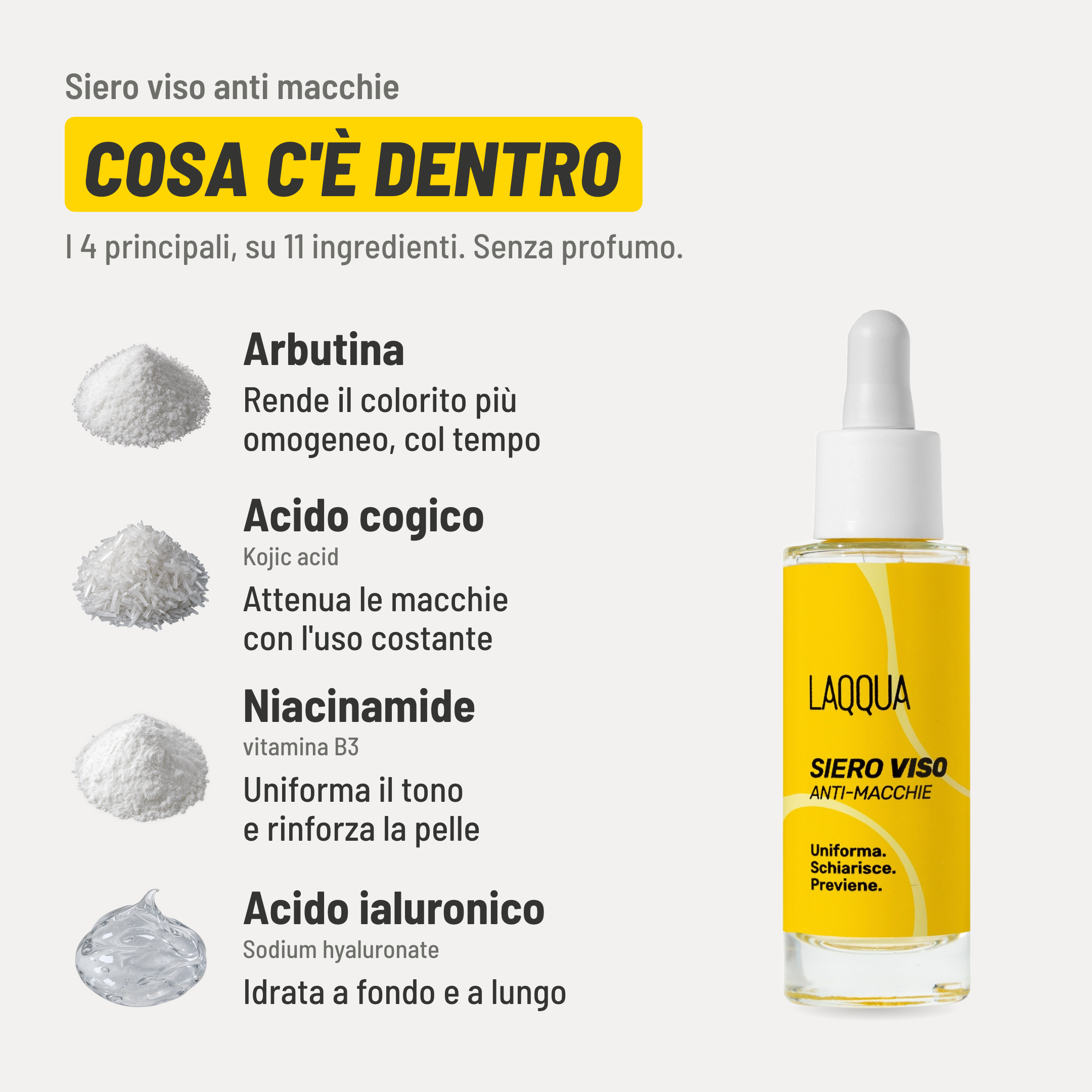 Siero viso anti macchie, cosa c'è dentro. I 4 principali, su 11 ingredienti. Senza profumo. Arbutina (Arbutin): rende il colorito più omogeneo, col tempo. Acido cogico (Kojic acid): attenua le macchie con l'uso costante. Niacinamide: uniforma il tono e rinforza la pelle. Acido ialuronico (Sodium hyaluronate): idrata a fondo e a lungo.