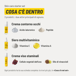 Skin care starter set, cosa c'è dentro. 3 prodotti. Crema contorno occhi: acido ialuronico e peptide. Siero multivitaminico: vitamina C e vitamina A. Crema viso staminali: cellule vegetali dell'uva e olio di vinaccioli. Ogni prodotto ha la sua scheda completa più giù, in «Cosa c'è nel set».