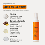 Spray solare SPF 50+, cosa c'è dentro. I 4 principali, su 22 ingredienti. Senza profumo. Filtri UV: proteggono da UVA e UVB, anche al caldo. Derivati della jojoba (Hydrolyzed jojoba esters): pelle morbida durante e dopo il sole. Vitamina E (Tocopheryl acetate): protegge la pelle e la tiene morbida. Glicerina (Glycerin): contro la pelle secca dopo ore al sole.