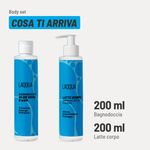 Body set, cosa ti arriva. Bagnodoccia: 200 ml. Latte corpo: 200 ml.