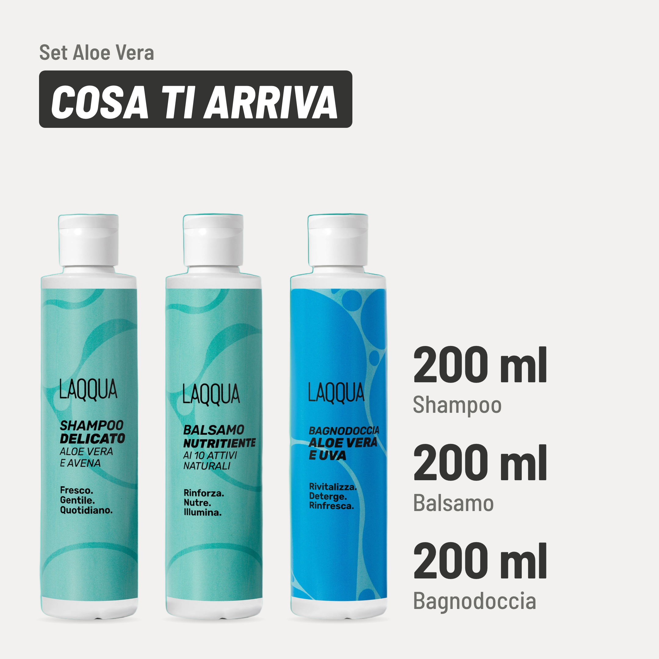 Set Aloe Vera, cosa ti arriva. Shampoo: 200 ml. Balsamo: 200 ml. Bagnodoccia: 200 ml.