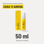 Crema viso pelli acneiche e impure, cosa ti arriva. 50 ml, flacone e scatola.