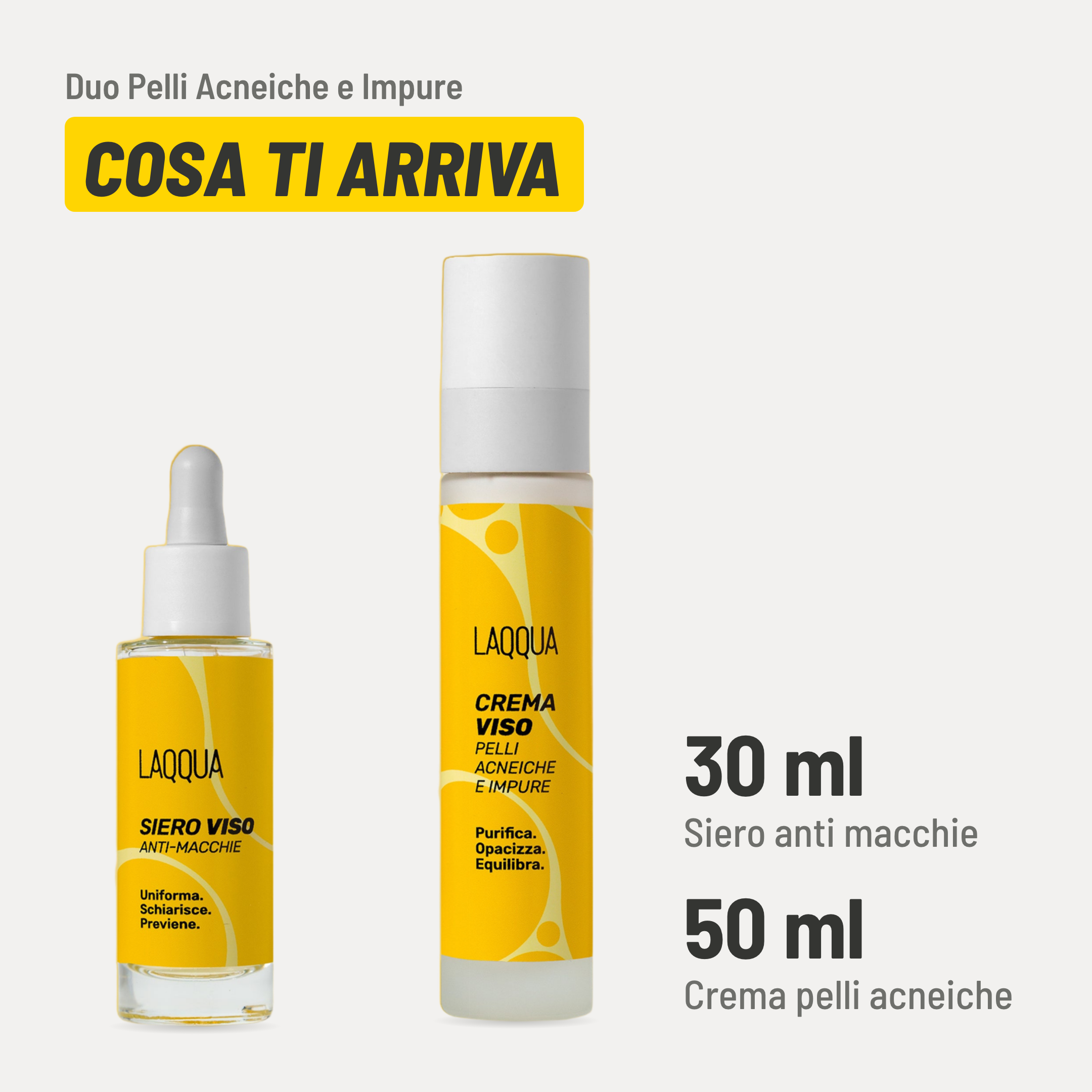 Duo Pelli Acneiche e Impure, cosa ti arriva. Siero anti macchie: 30 ml. Crema pelli acneiche: 50 ml.