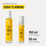 Duo Skincare Must Have, cosa ti arriva. Acqua micellare: 150 ml. Crema staminali: 50 ml.