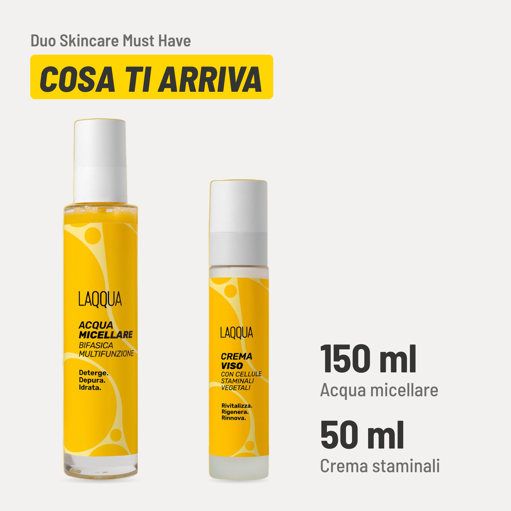 Duo Skincare Must Have, cosa ti arriva. Acqua micellare: 150 ml. Crema staminali: 50 ml.