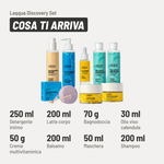 Laqqua Discovery Set, cosa ti arriva. Detergente intimo: 250 ml. Latte corpo: 200 ml. Bagnodoccia: 70 g. Olio viso calendula: 30 ml. Crema multivitaminica: 50 g. Balsamo: 200 ml. Maschera: 50 ml. Shampoo: 200 ml.