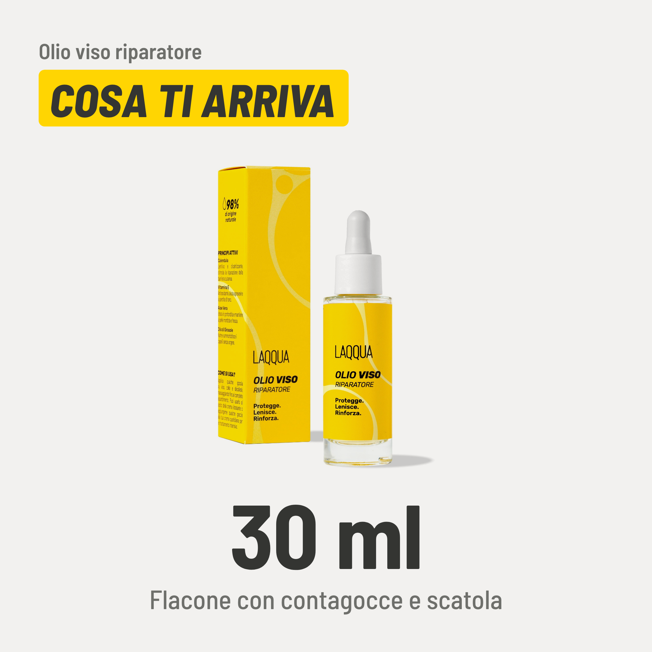 Olio viso riparatore, cosa ti arriva. 30 ml, flacone con contagocce e scatola.