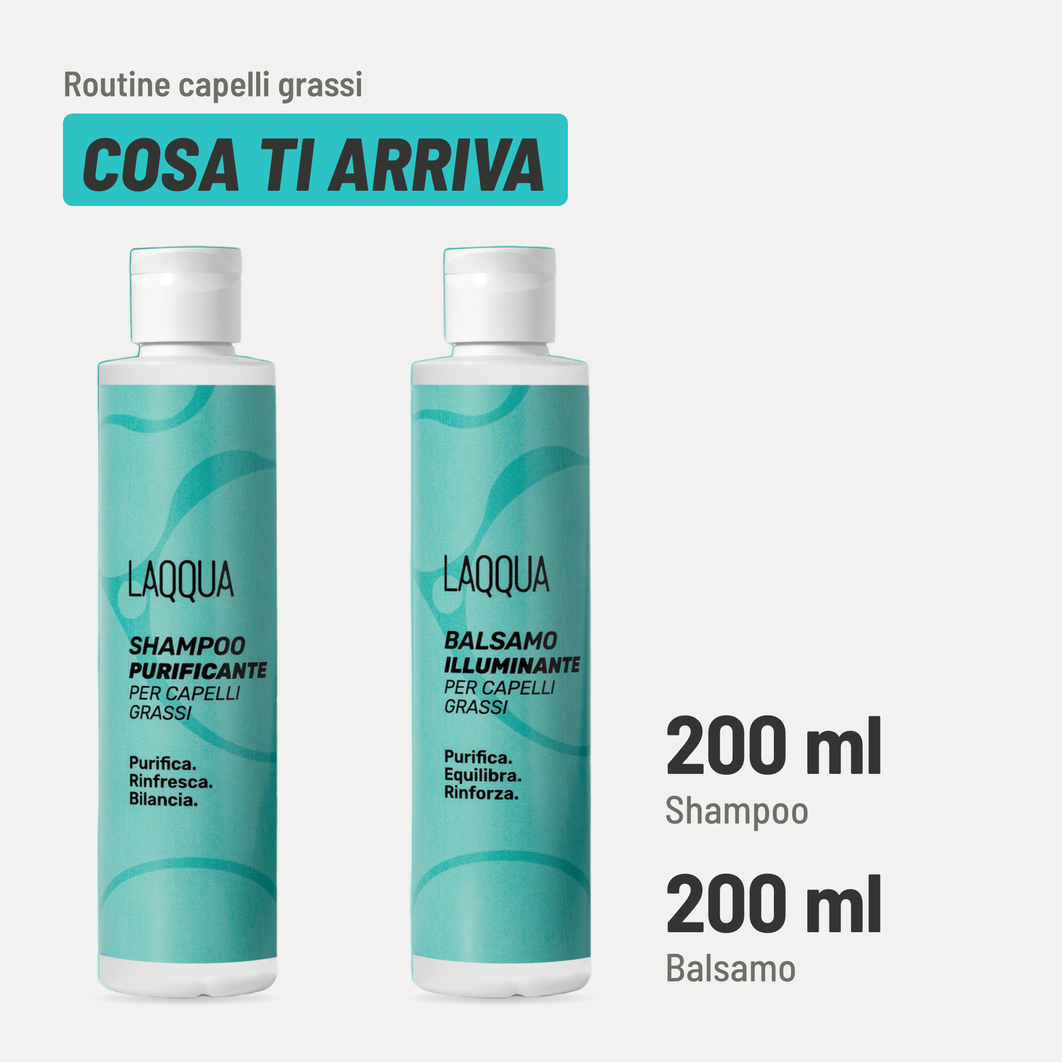 Routine capelli grassi, cosa ti arriva. Shampoo: 200 ml. Balsamo: 200 ml.