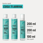 Routine capelli, cosa ti arriva. Shampoo: 200 ml. Balsamo: 200 ml. Olio capelli: 100 ml.