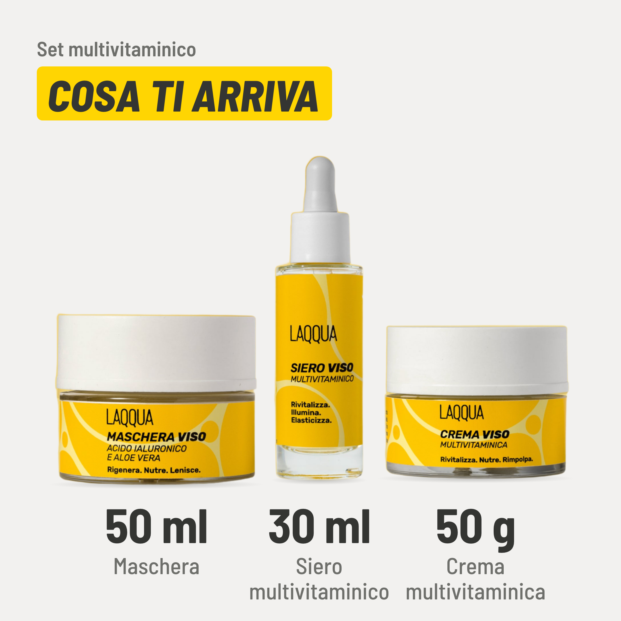 Set multivitaminico, cosa ti arriva. Maschera: 50 ml. Siero multivitaminico: 30 ml. Crema multivitaminica: 50 g.
