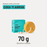 Shampoo solido universale, cosa ti arriva. 70 g, barretta e scatola.