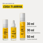Skin care starter set, cosa ti arriva. Contorno occhi: 30 ml. Siero multivitaminico: 30 ml. Crema staminali: 50 ml.