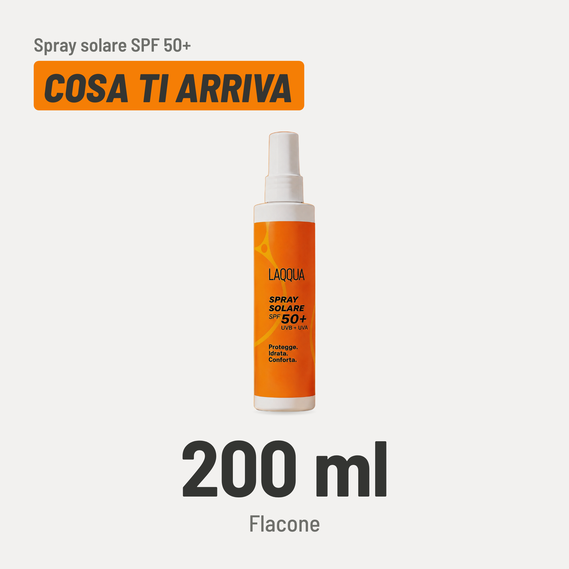 Spray solare SPF 50+, cosa ti arriva. 200 ml, flacone.