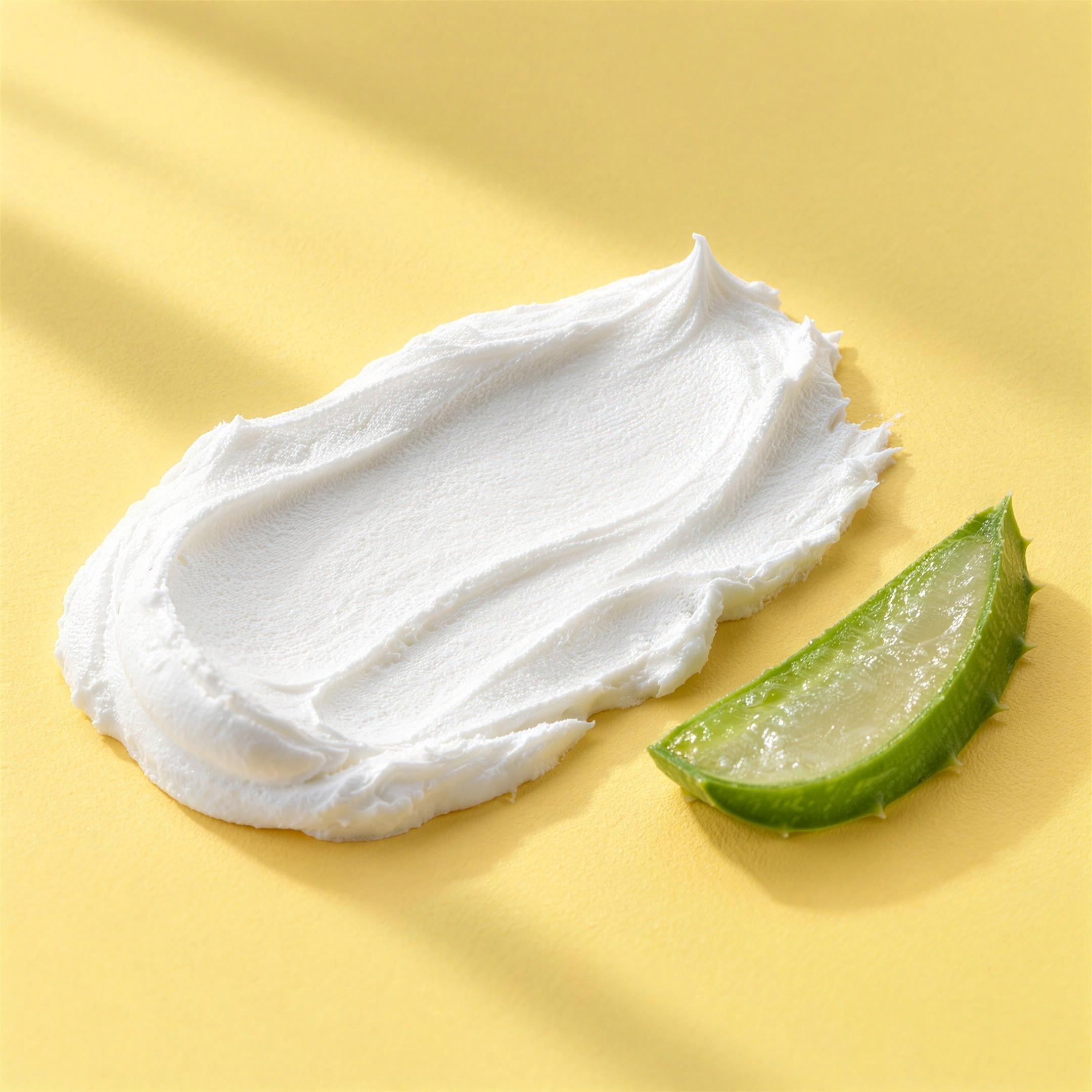 Texture della maschera viso: crema bianca, densa e coprente, accanto a una foglia di aloe vera