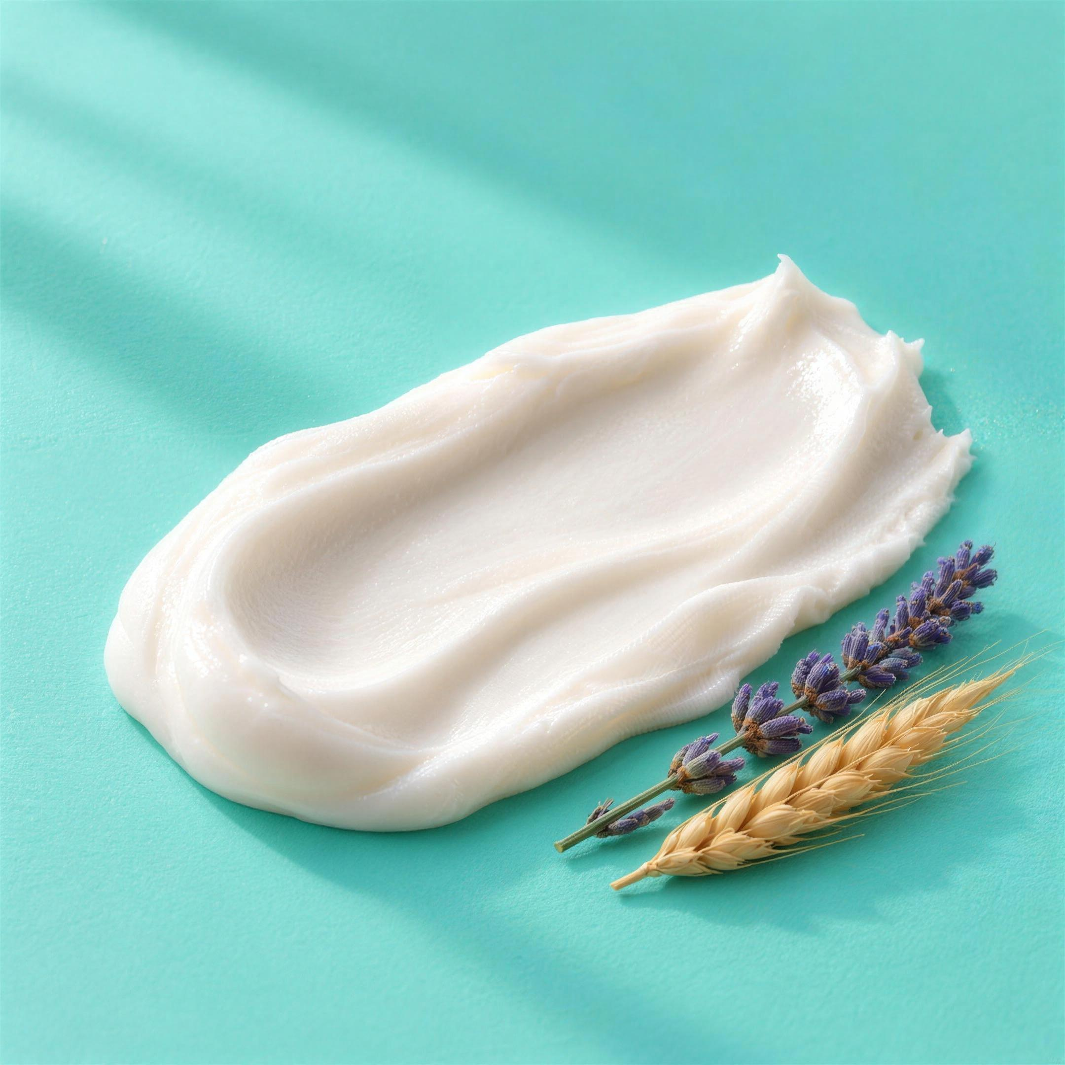 Texture del balsamo illuminante: crema avorio liscia, con lavanda e spiga di grano