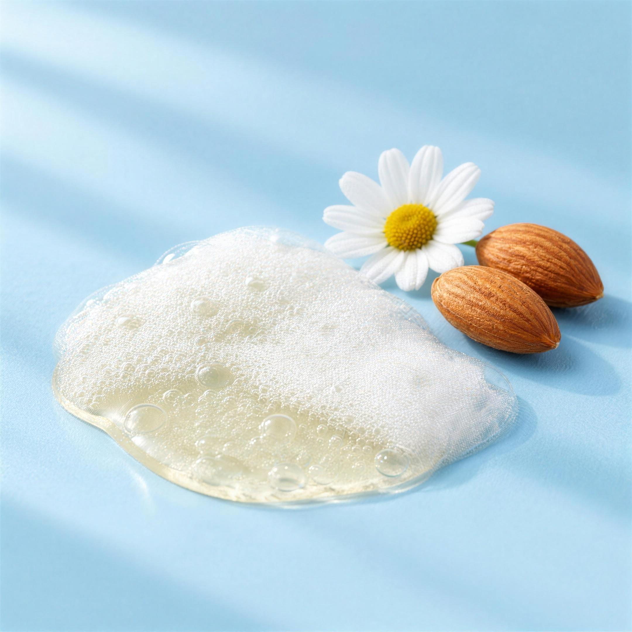 Texture del detergente baby: gel chiaro con schiuma fine, con margherita e mandorle