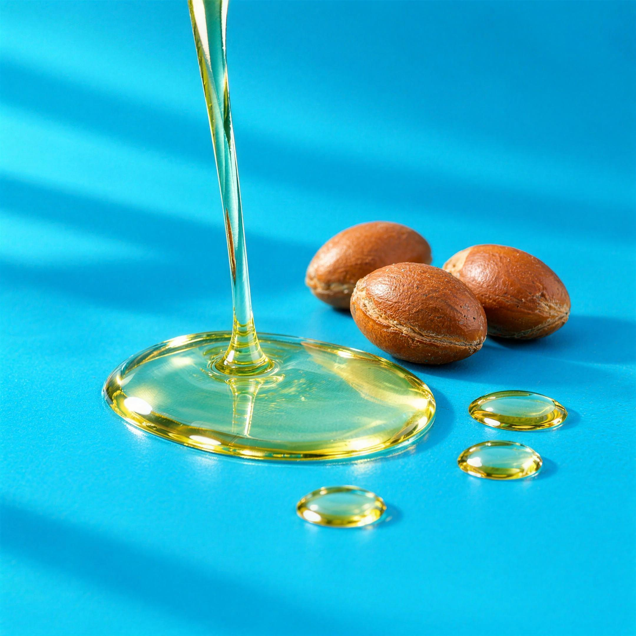 Texture dell'olio corpo all'argan: olio dorato limpido, con noci di argan