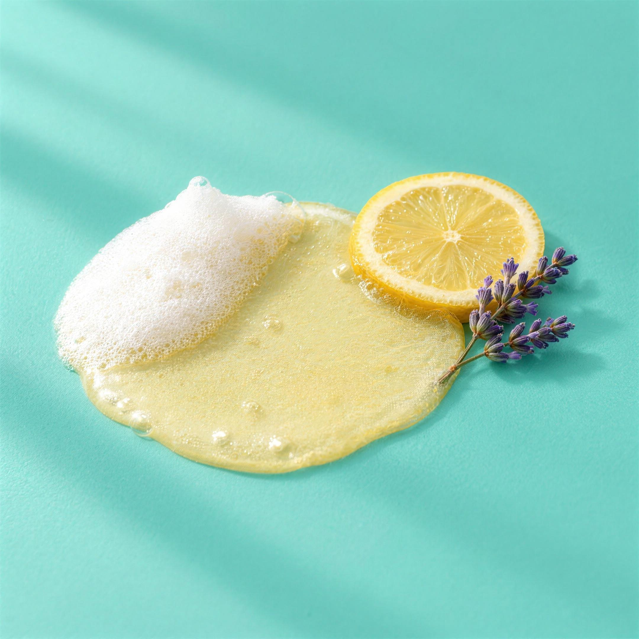 Texture dello shampoo purificante: gel giallo chiaro con schiuma, con limone e lavanda