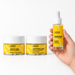 Set multivitaminico: crema, maschera e siero in mano, per capire la misura