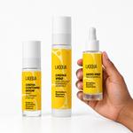 Skin care starter set: contorno occhi, crema viso e siero in mano, per capire la misura
