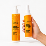 Set solari: crema doposole e spray solare in mano, per capire la misura