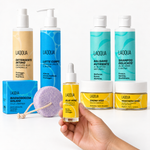 Discovery set: gli otto prodotti, con l'olio viso tenuto in mano per capire la misura